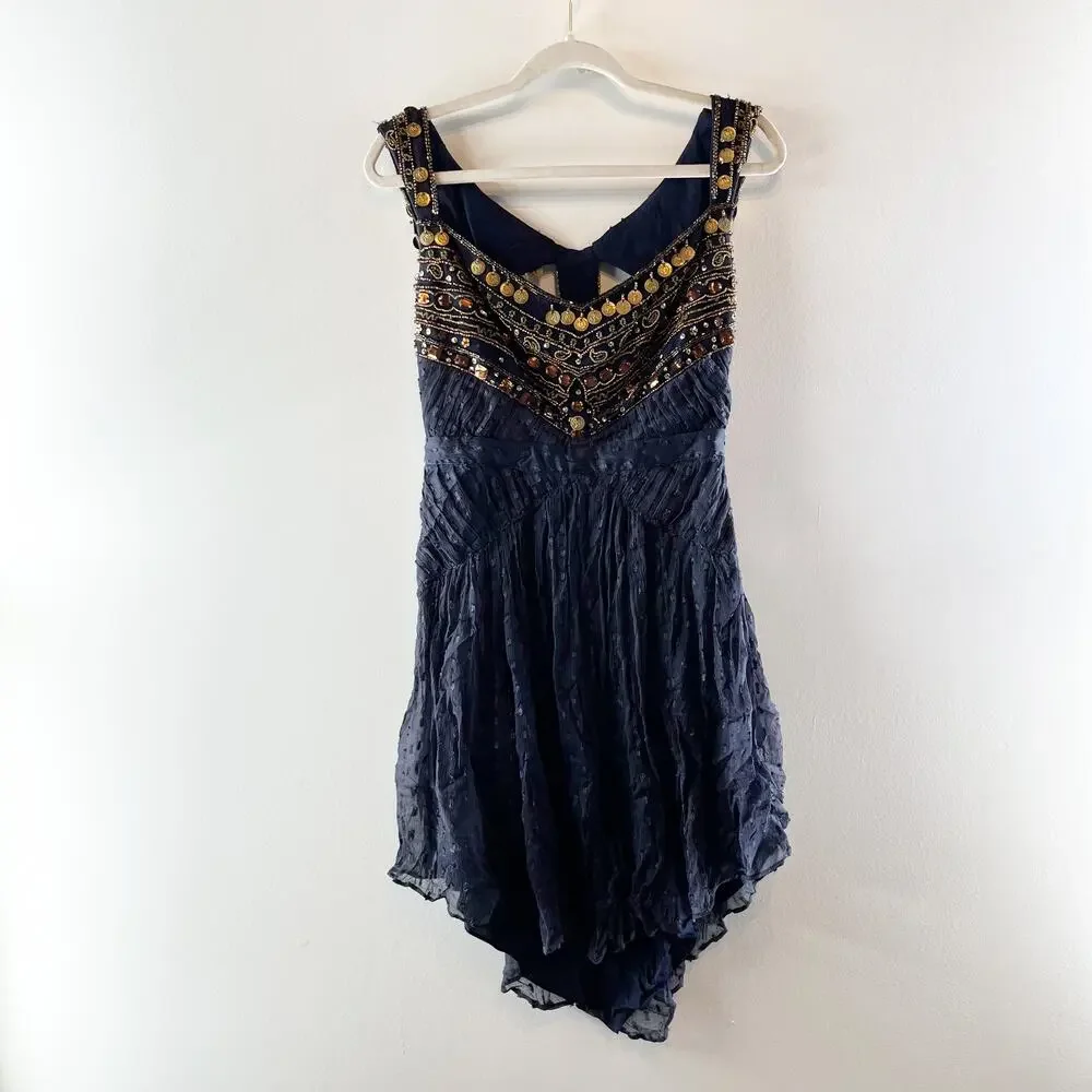 Free People Jeweled Beaded Fit and Flare Mini Dress Navy Blue 4